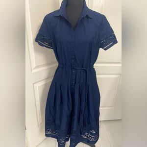 Talbots shirt dress broderie anglaise openwork dark navy blue 16
